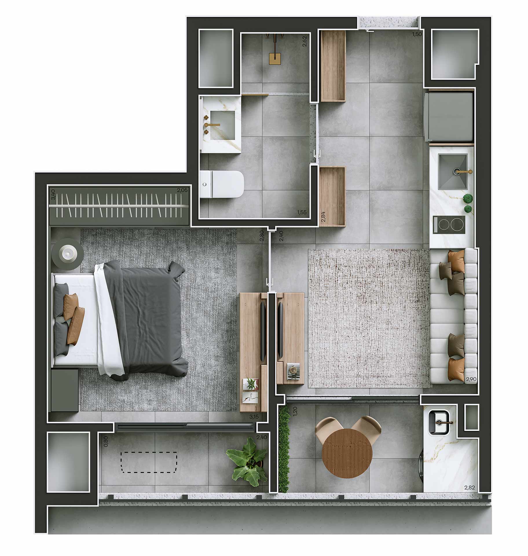 ILUSTRAÇÃO ARTÍSTICA DO APTO. DE 1 DORM. NR DE 39,48 M²