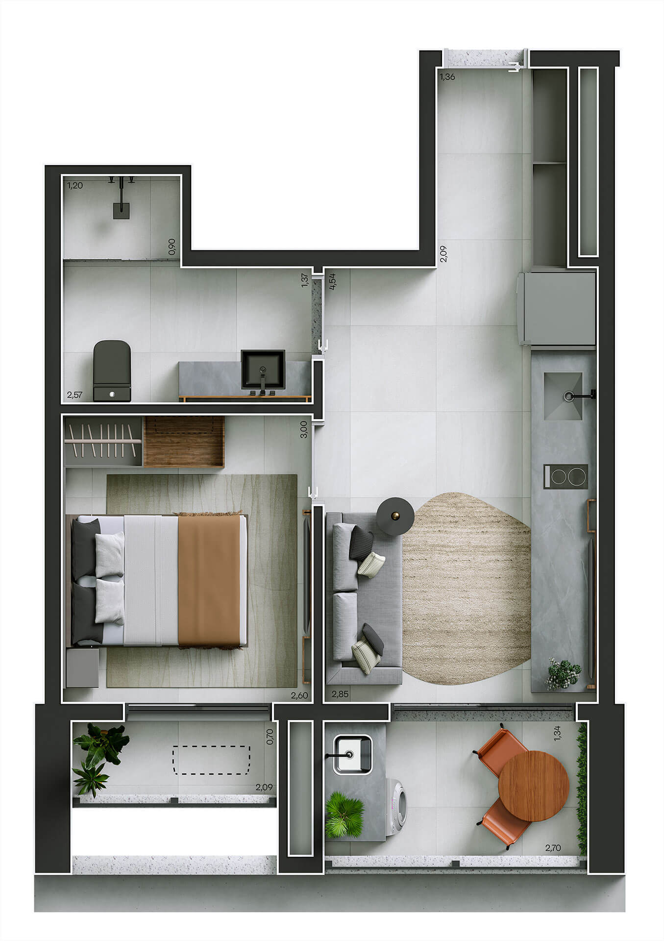 ILUSTRAÇÃO ARTÍSTICA DO APTO. DE 1 DORM. NR DE 40,76 M²