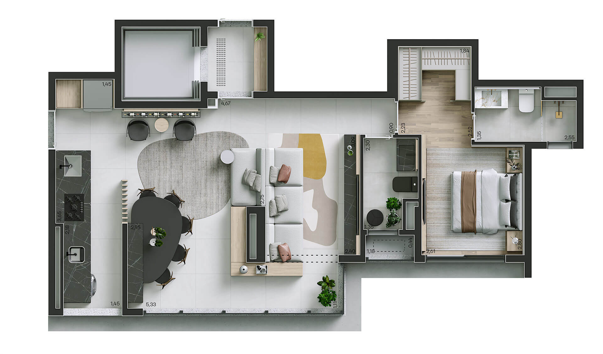 ILUSTRAÇÃO ARTÍSTICA DA PLANTA COM LIVING AMPLIADO DE 70,40 M²